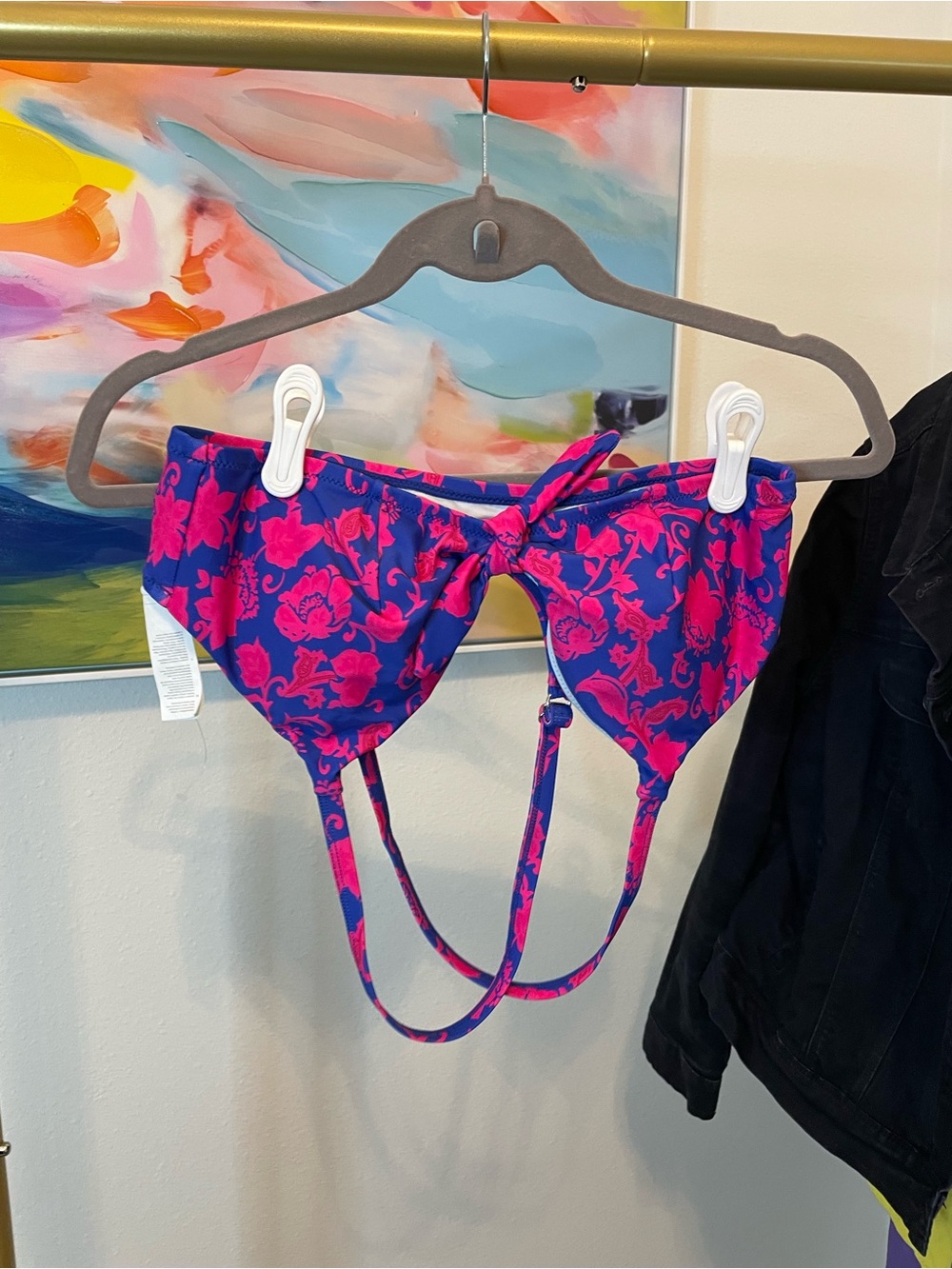 Bright‎ Floral Tie-Front Bikini Top Swim - Pink & Navy Large NWT